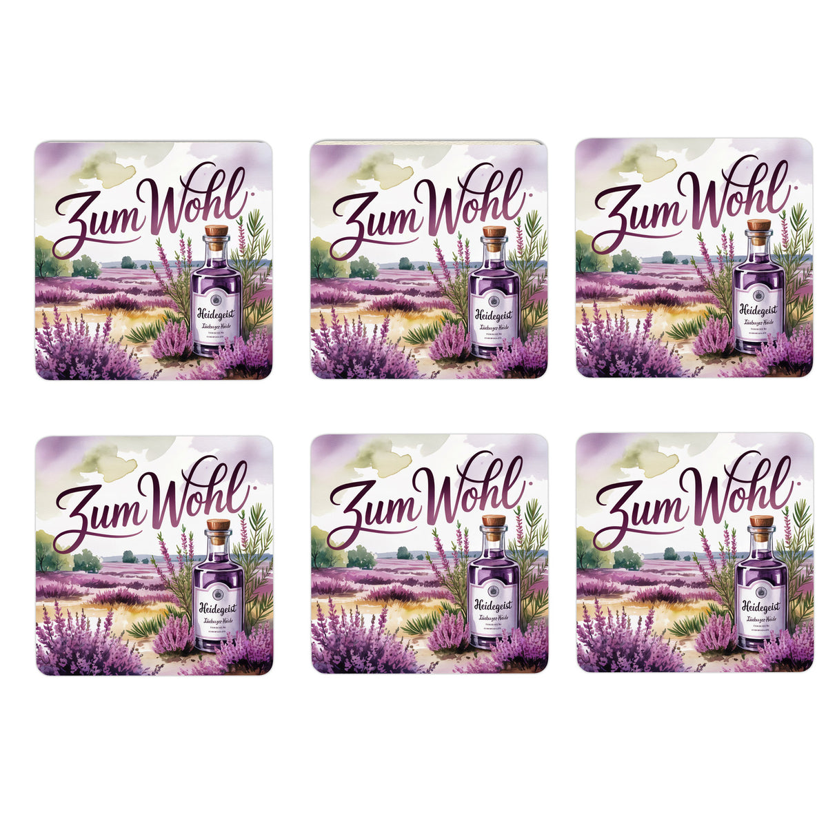 Lüneburger Heide Heidegeist 6er Set Untersetzer aus Holz - Zum Wohl