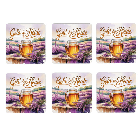 Lüneburger Heide Heidehonig 6er Set Untersetzer aus Holz - Gold der Heide