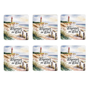 Ostsee Kap Arkona Leuchtturm 6er Set Untersetzer aus Holz - Wegweiser im Wind