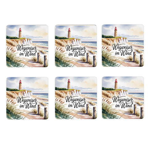 Ostsee Kap Arkona Leuchtturm 6er Set Untersetzer aus Holz - Wegweiser im Wind