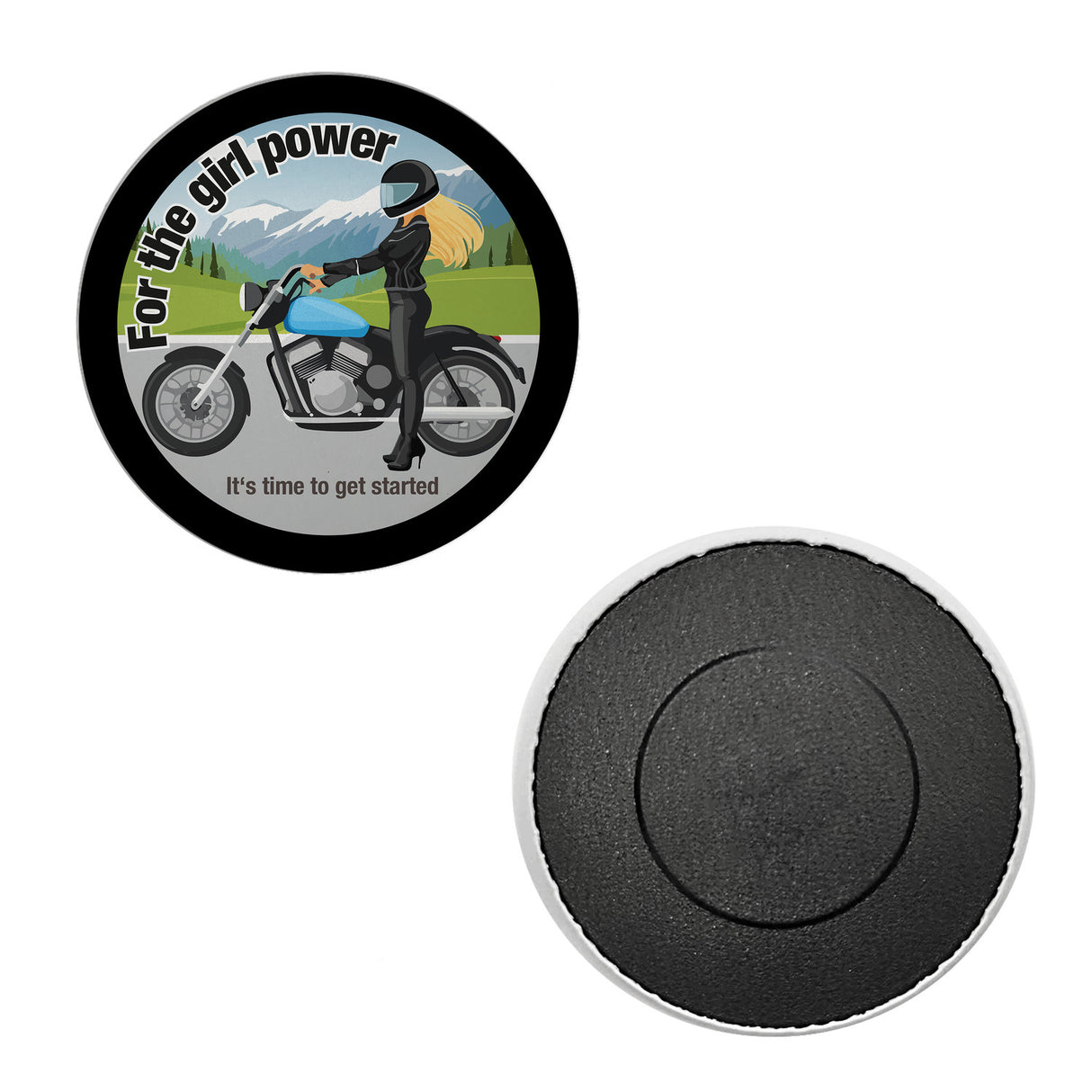 Bikerin Magnet rund mit Spruch: Time to unleash girl power.