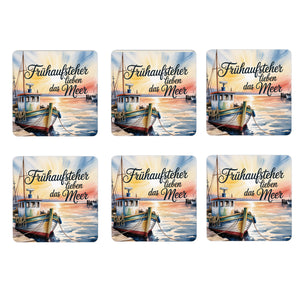 Ostsee Fischerboot 6er Set Untersetzer aus Holz - Frühaufsteher lieben das Meer