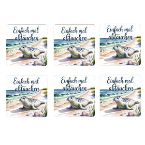 Ostsee Robbe am Strand 6er Set Untersetzer aus Holz - Einfach mal abtauchen