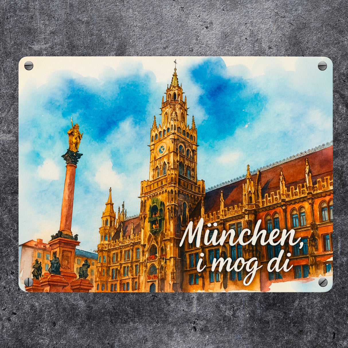 München Aquarellgemälde Metallschild in 15x20 cm i mog di