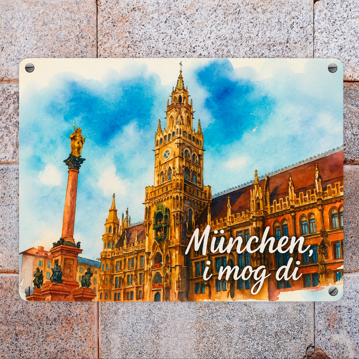 München Aquarellgemälde Metallschild in 15x20 cm i mog di