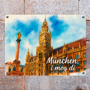 München Aquarellgemälde Metallschild in 15x20 cm i mog di