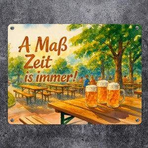 A Maß Zeit is immer! Biergarten Szene Metallschild in 15x20 cm