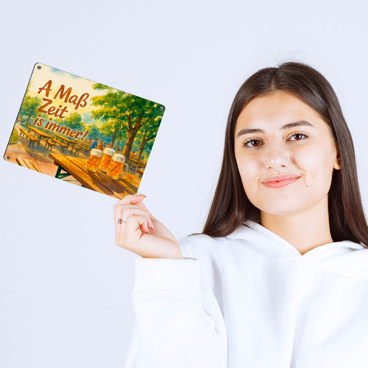 A Maß Zeit is immer! Biergarten Szene Metallschild in 15x20 cm