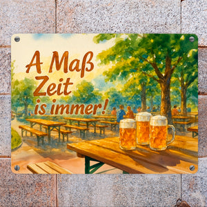 A Maß Zeit is immer! Biergarten Szene Metallschild in 15x20 cm