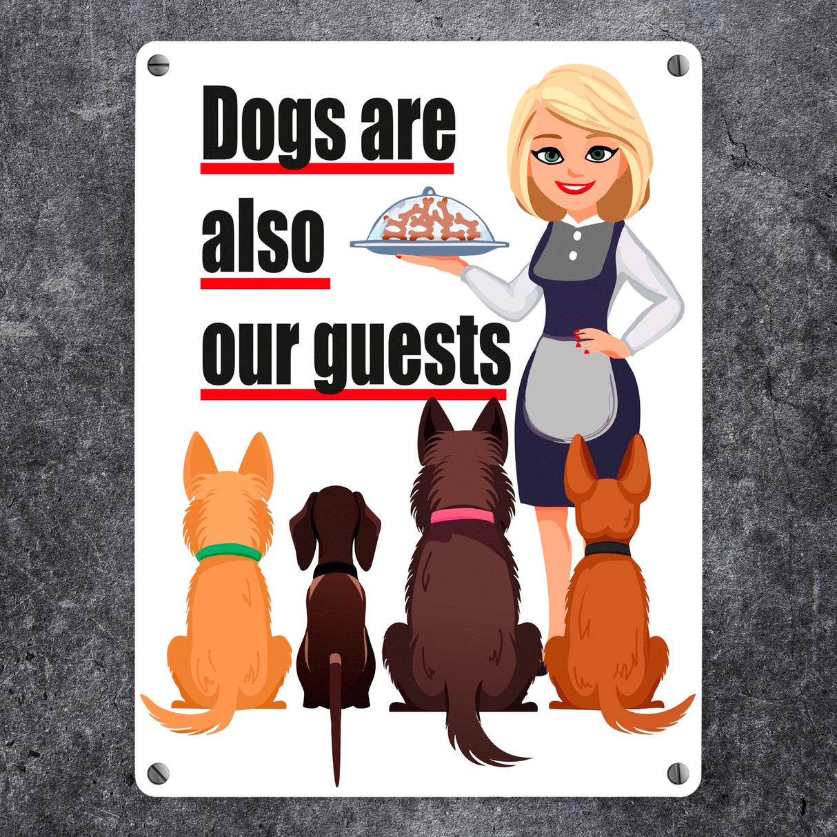 Hunde im Restaurant Metallschild in 15x20 cm mit Spruch: Dogs are also our guests