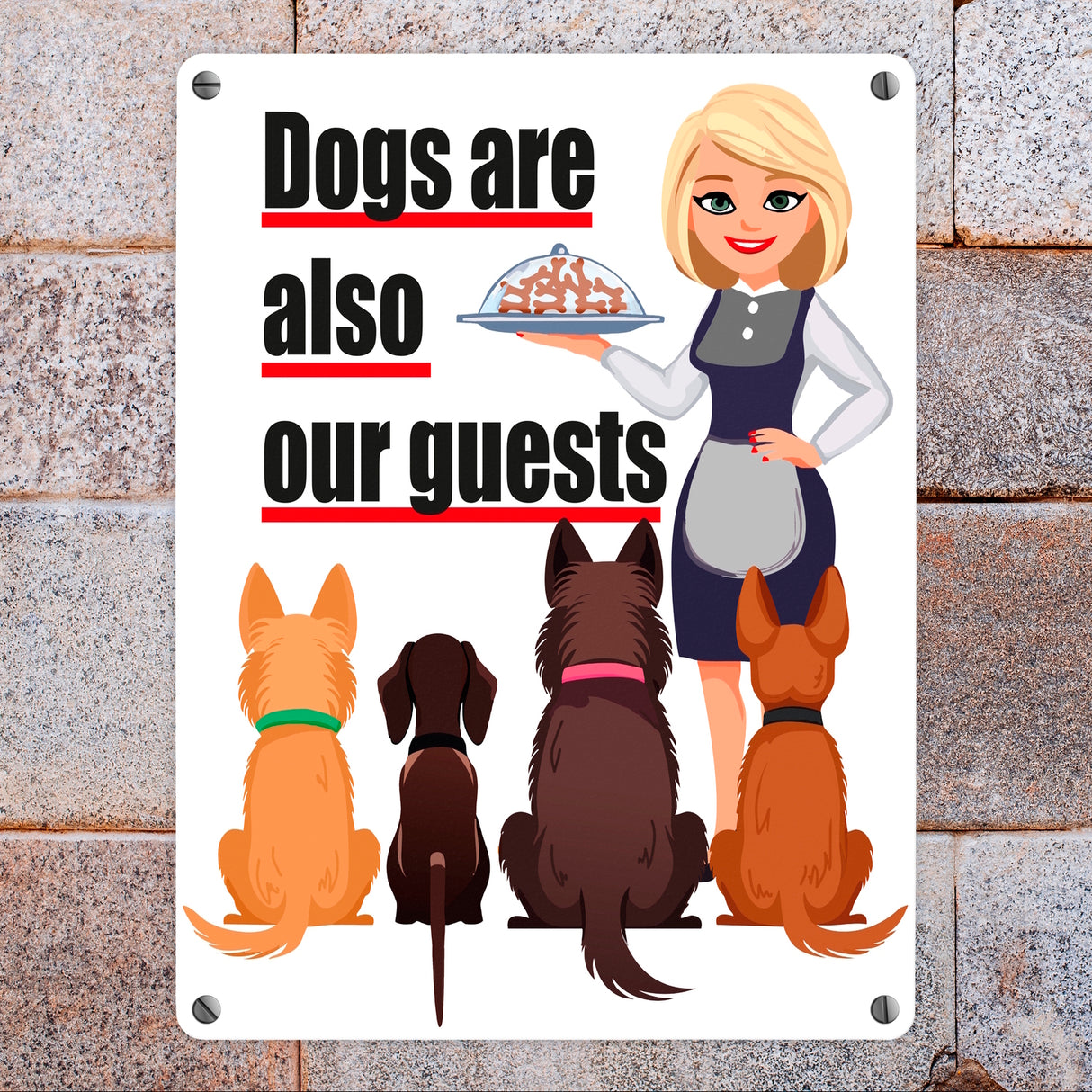 Hunde im Restaurant Metallschild in 15x20 cm mit Spruch: Dogs are also our guests