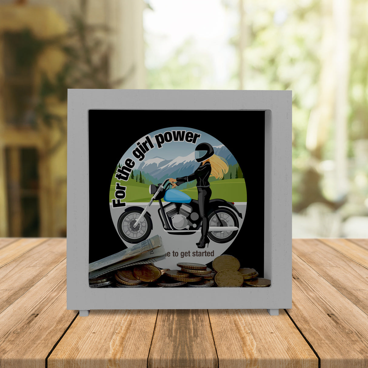 Bikerin Spardose mit Spruch: Time to unleash girl power