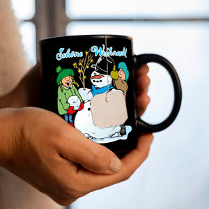 Schneemann Tasse in Schwarz mit Spruch: Schöne Weihnacht