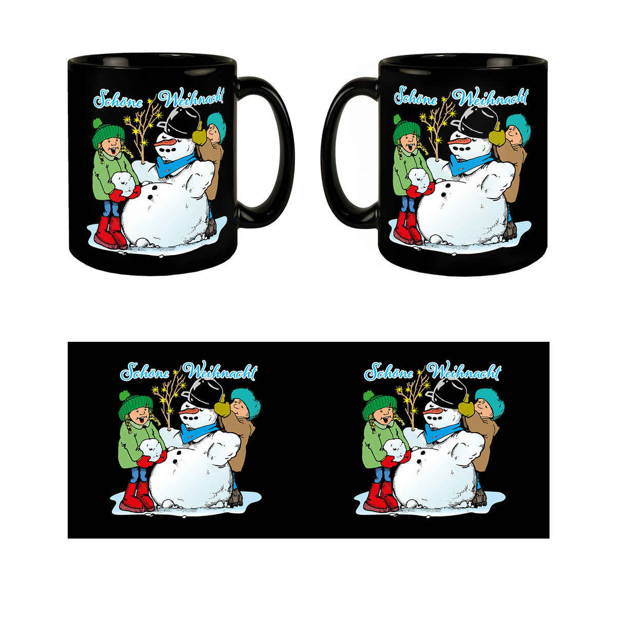 Schneemann Tasse in Schwarz mit Spruch: Schöne Weihnacht