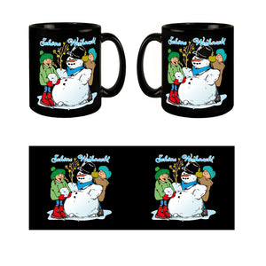 Schneemann Tasse in Schwarz mit Spruch: Schöne Weihnacht