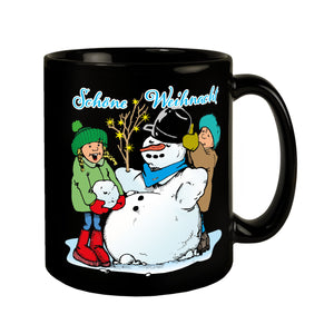 Schneemann Tasse in Schwarz mit Spruch: Schöne Weihnacht