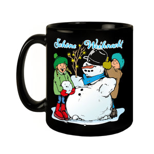 Schneemann Tasse in Schwarz mit Spruch: Schöne Weihnacht