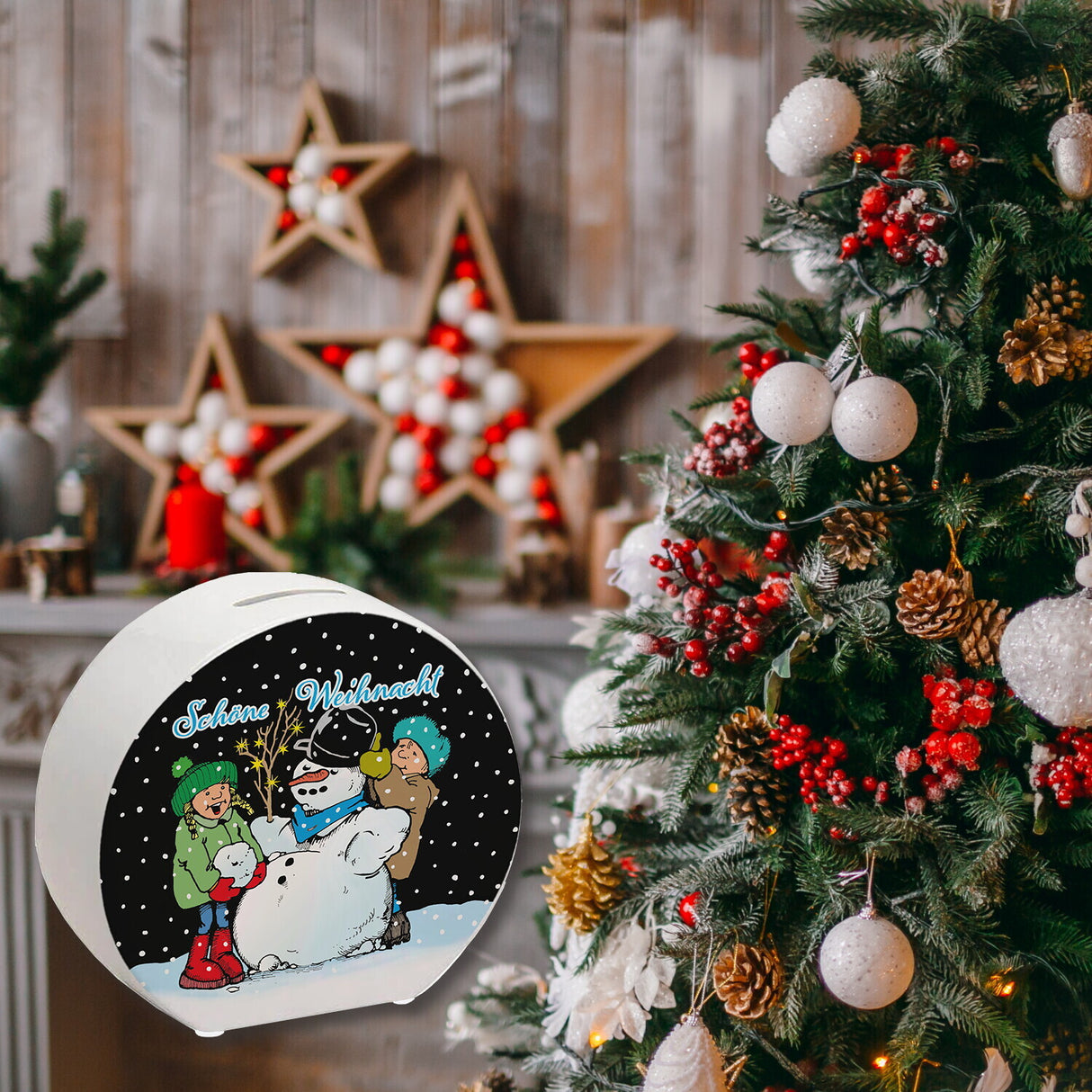 Schneemann Spardose mit Spruch: Frohe Weihnacht