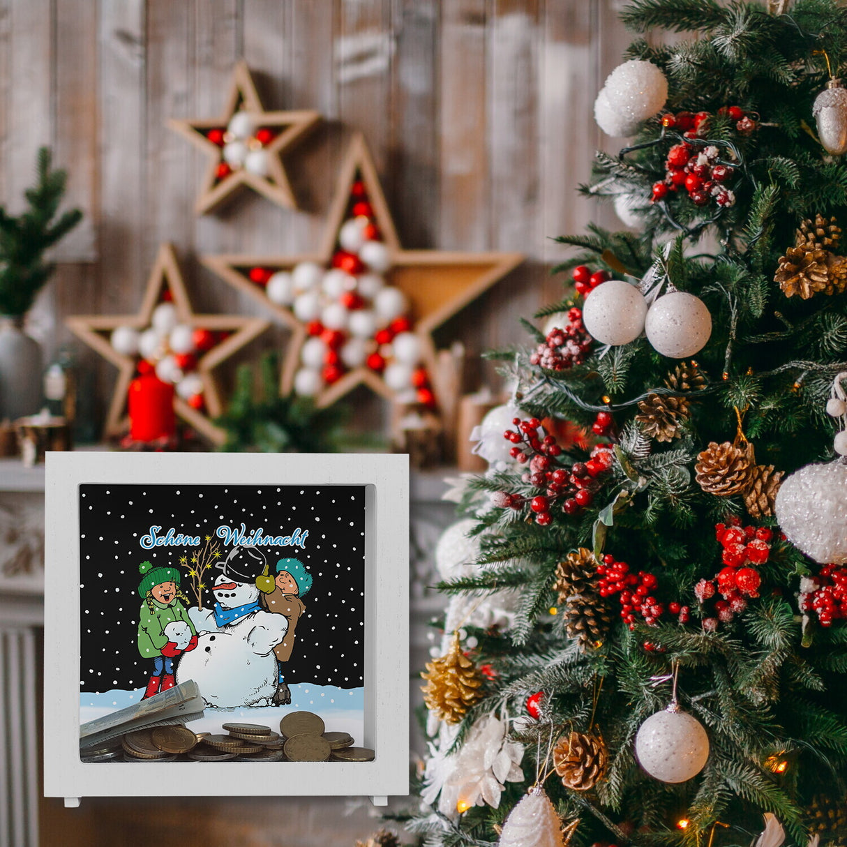 Schneemann Spardose mit Spruch: Frohe Weihnacht