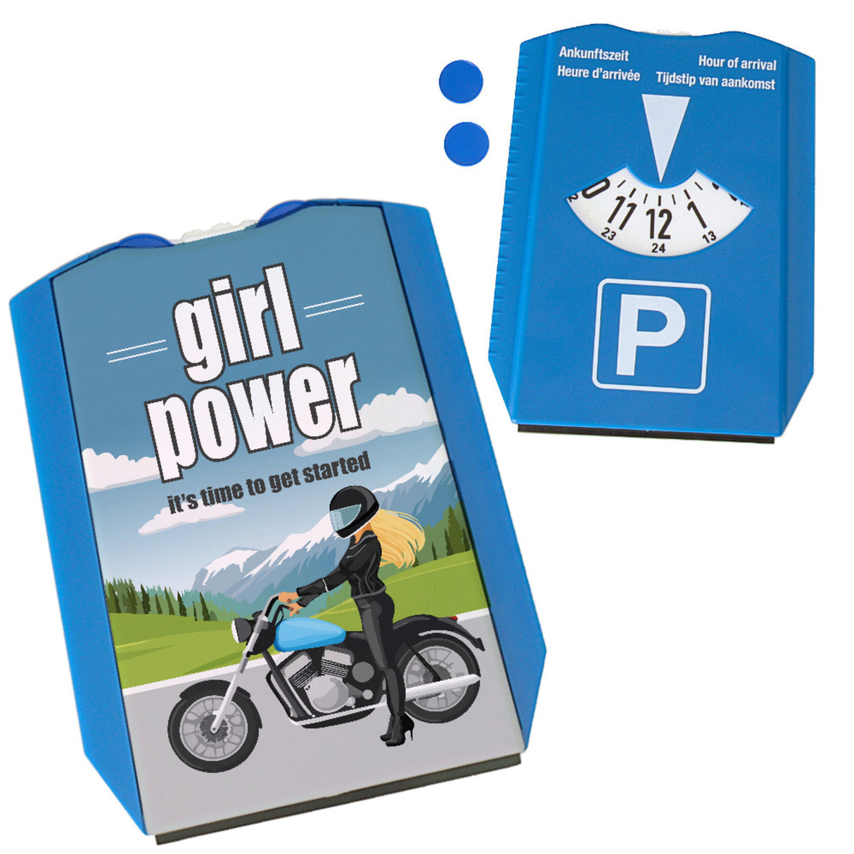 Bikerin Parkscheibe mit Spruch: Girl power. Its time to get started