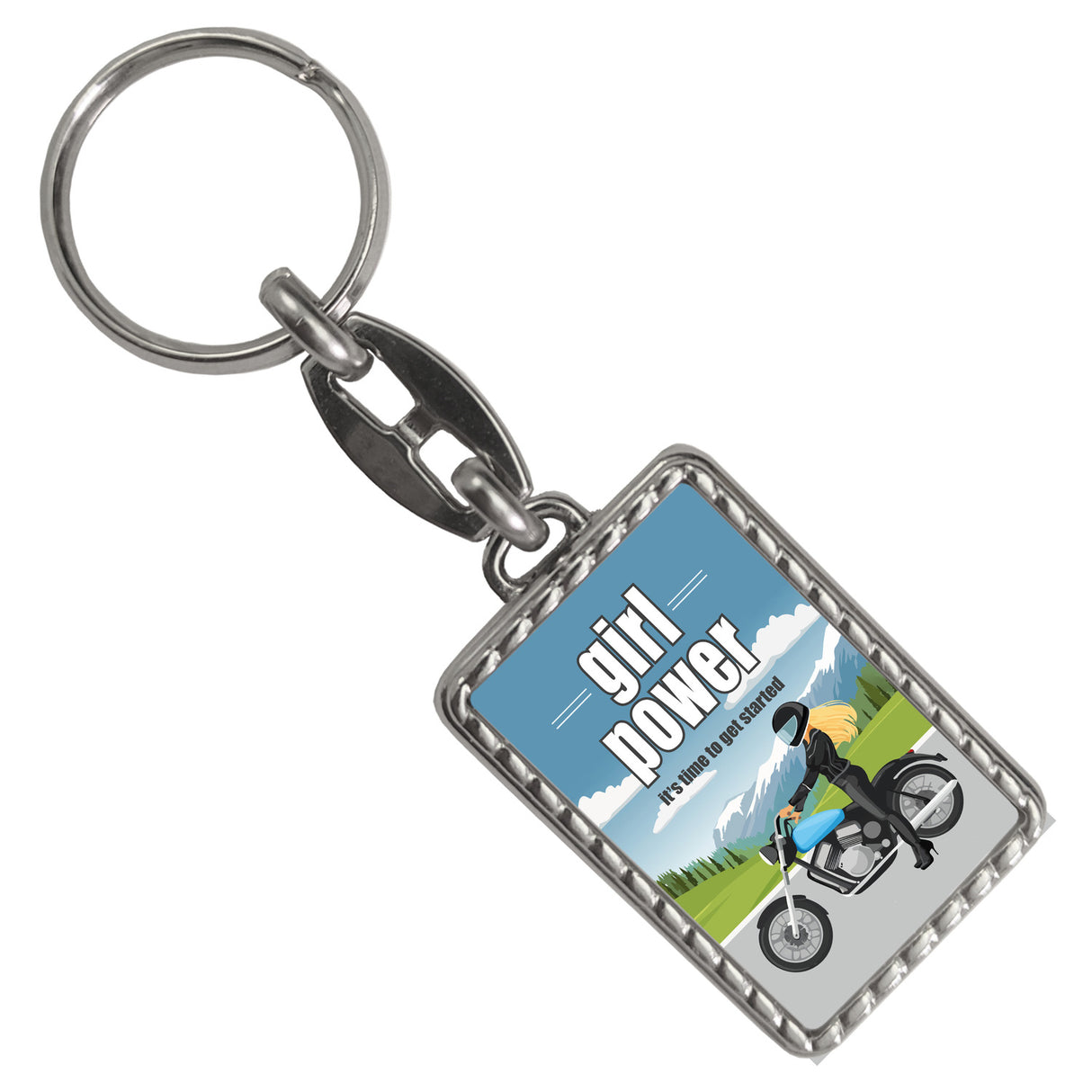 Bikerin Schlüsselanhänger mit Spruch: girl power. Its time to get started