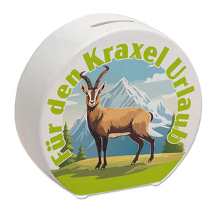 Steinbock Spardose mit Spruch: Für den Kraxel Urlaub