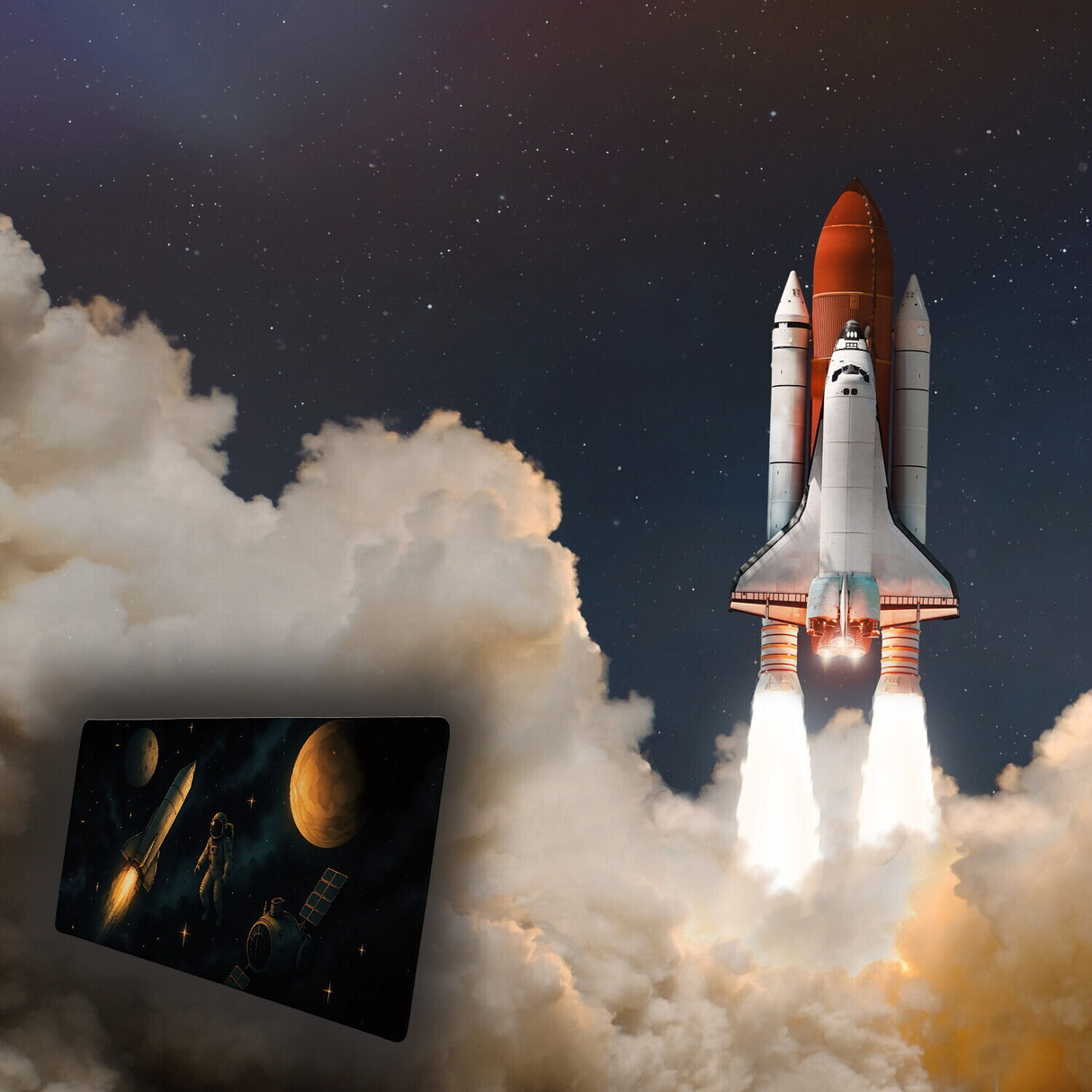 Astronaut und Raumschiff Schreibtischunterlage 69x31cm XXL Mauspad Weltraumszene