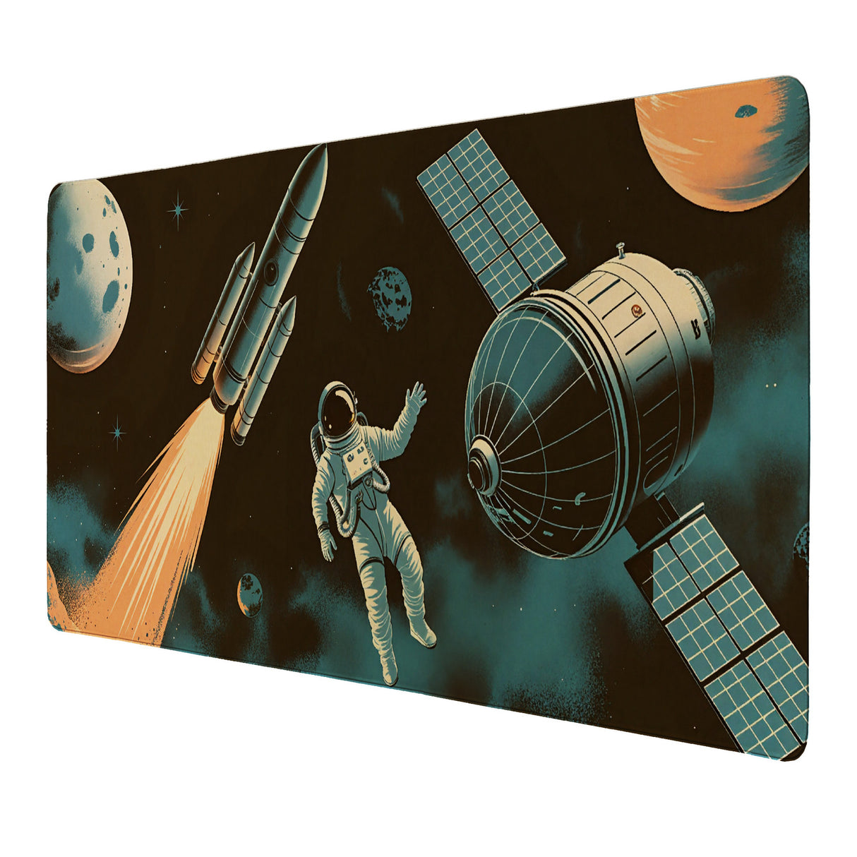 Raketenstart Astronaut Schreibtischunterlage 69x31cm XXL Mauspad für Weltraumfans