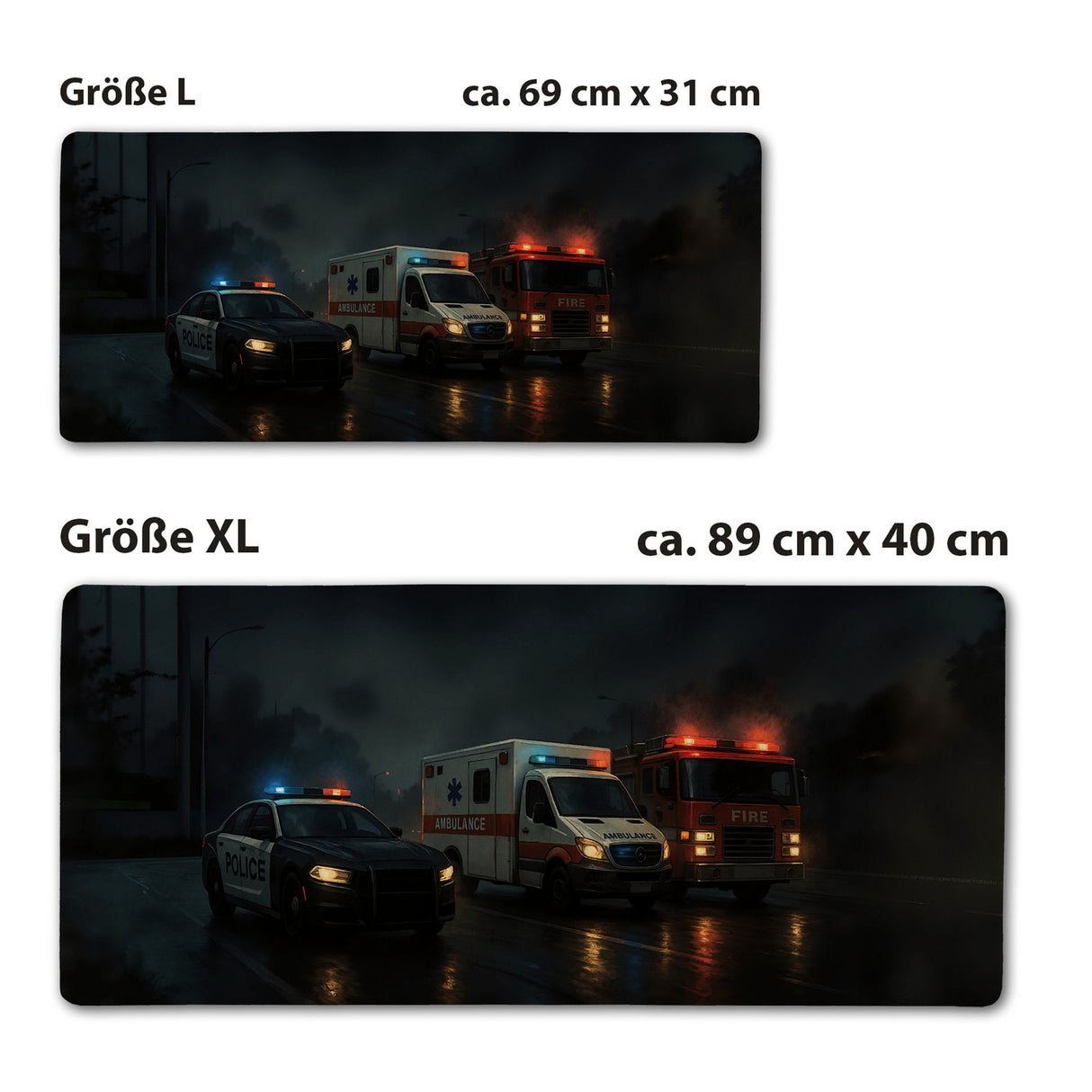 Nachtszene Einsatzfahrzeuge Police Ambulance Fire Schreibtischunterlage 69x31cm XXL Mauspad