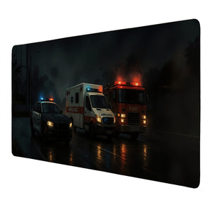 Nachtszene Einsatzfahrzeuge Police Ambulance Fire Schreibtischunterlage 69x31cm XXL Mauspad