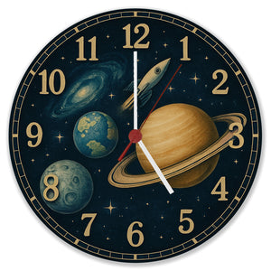 Sterne Weltraum Raketen Wanduhr mit Planeten Motiv