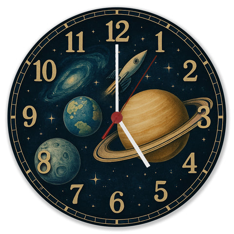 Sterne Weltraum Raketen Wanduhr mit Planeten Motiv