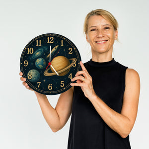 Sterne Weltraum Raketen Wanduhr mit Planeten Motiv