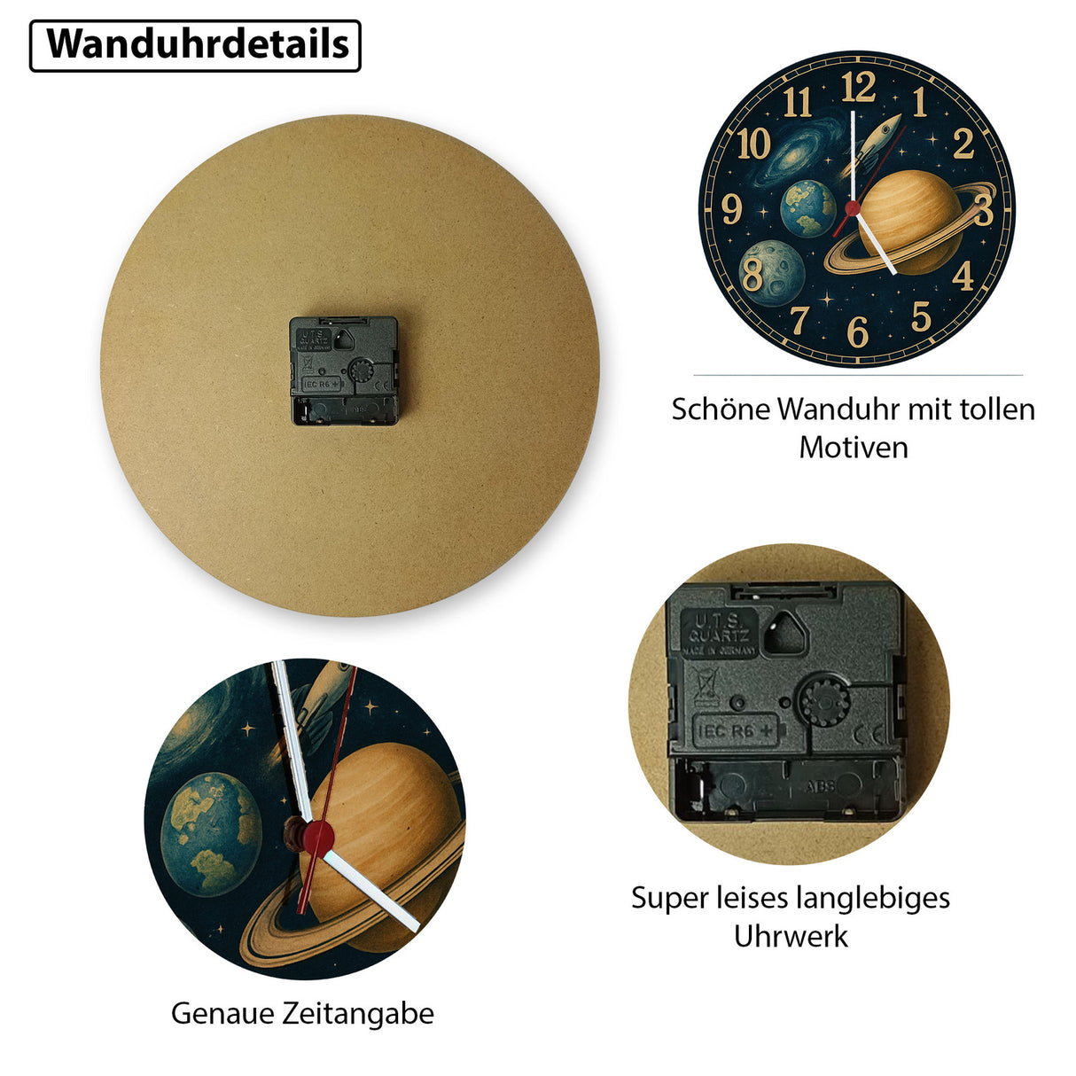 Sterne Weltraum Raketen Wanduhr mit Planeten Motiv
