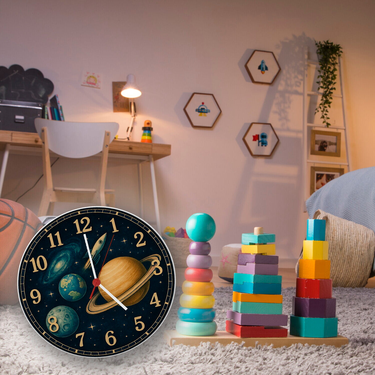 Sterne Weltraum Raketen Wanduhr mit Planeten Motiv