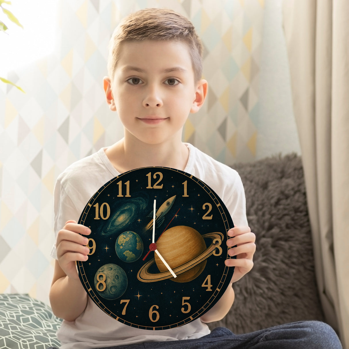 Sterne Weltraum Raketen Wanduhr mit Planeten Motiv