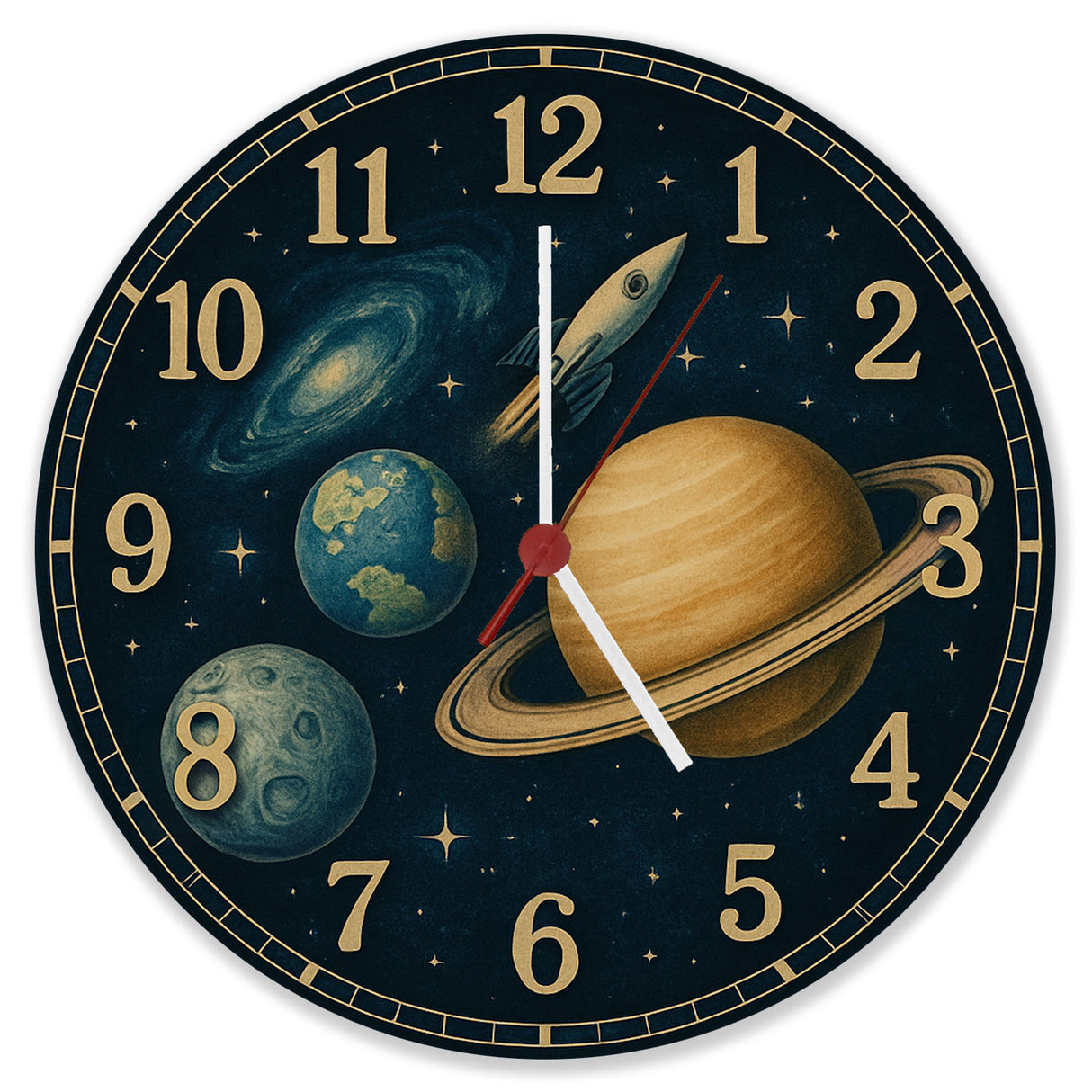 Sterne Weltraum Raketen Wanduhr mit Planeten Motiv