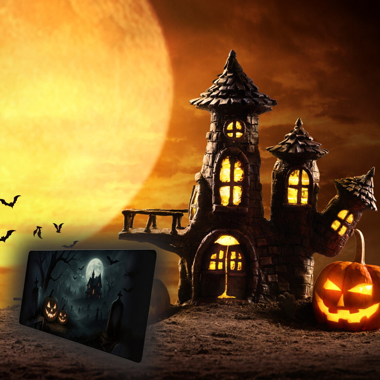 Kürbislaternen Friedhof Schreibtischunterlage 69x31cm XXL Mauspad für Halloween