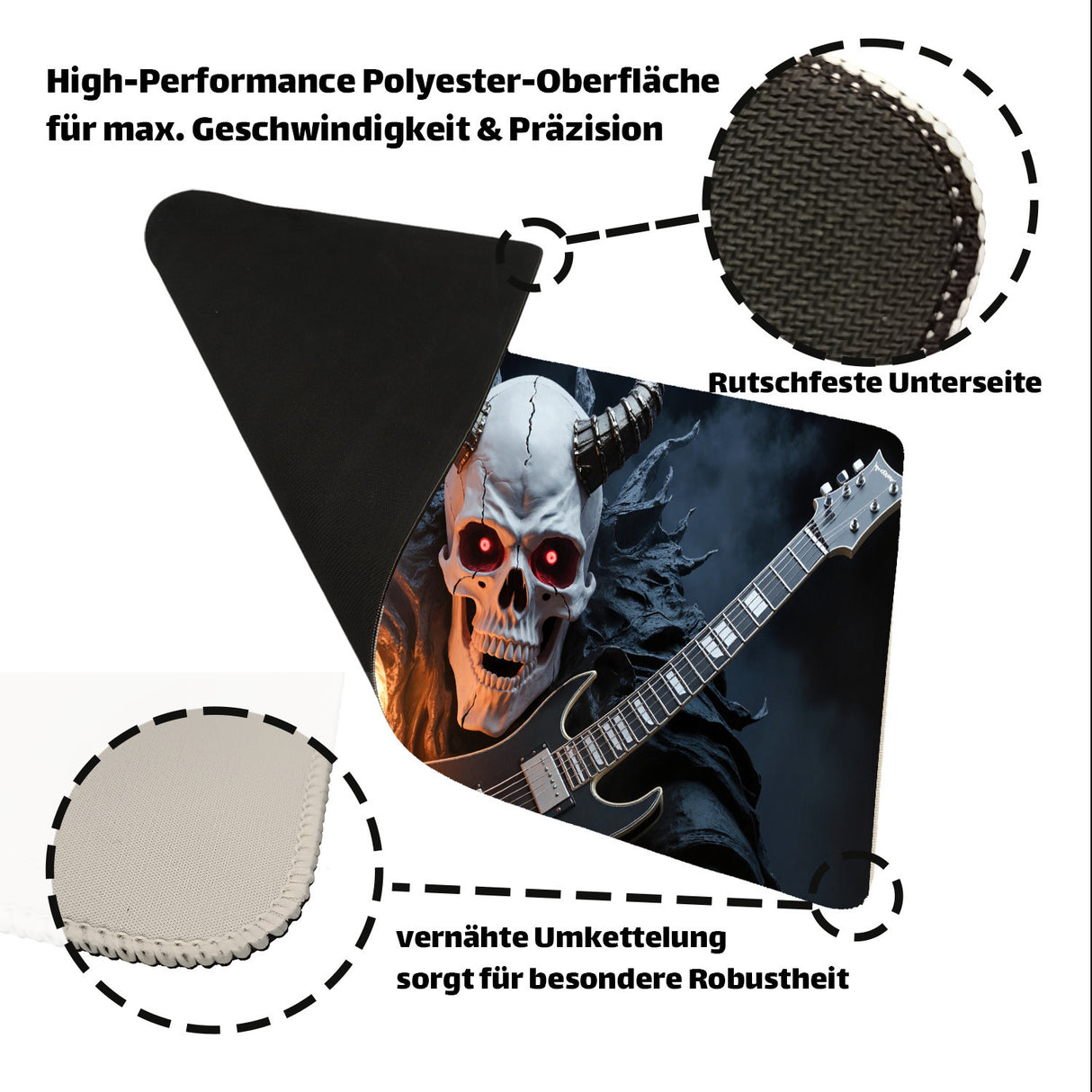 dämonischer Schädel mit E-Gitarre Schreibtischunterlage 69x31cm XXL Mauspad für Metal-Fans