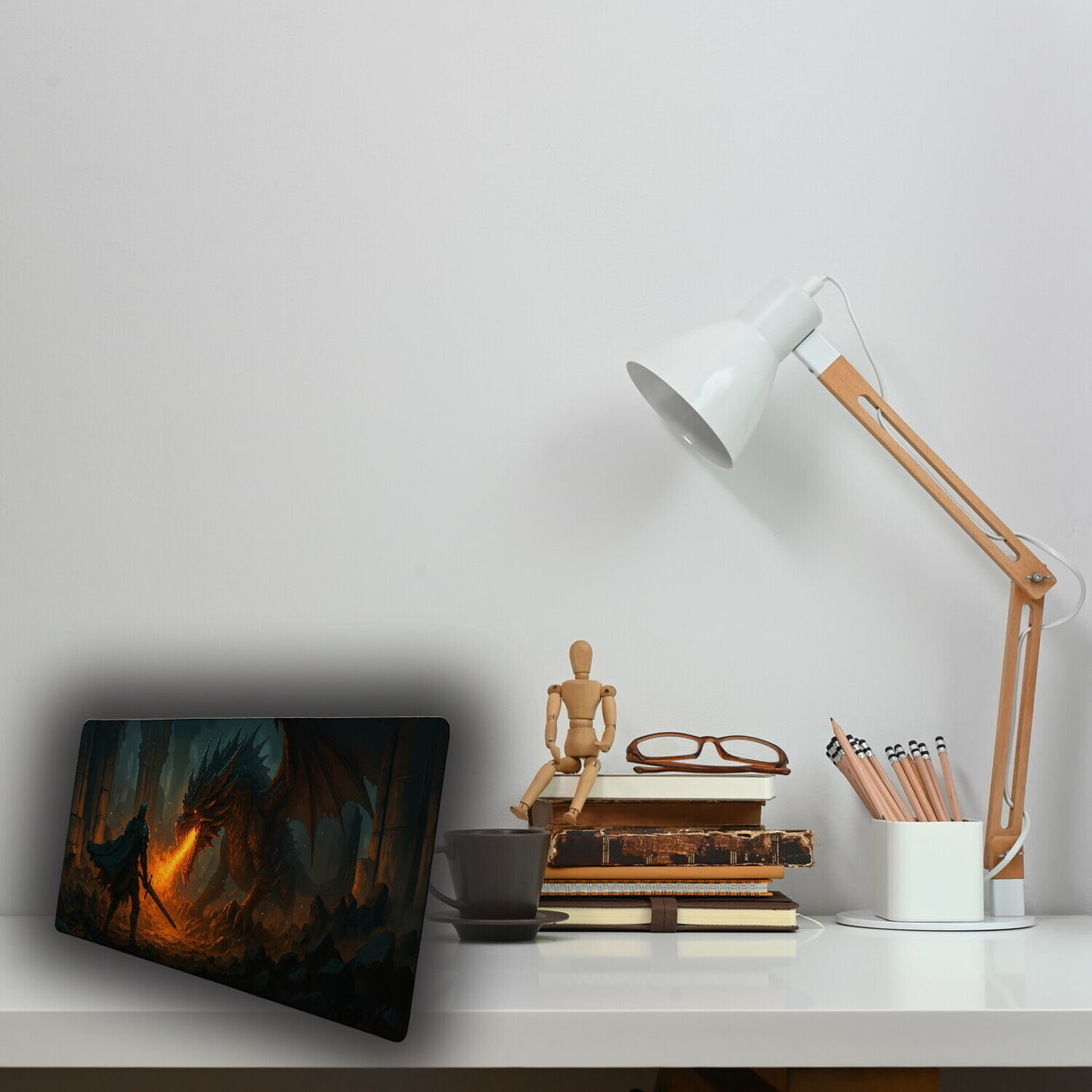 Drachen Ritter Kampf Schreibtischunterlage 69x31cm XXL Mauspad