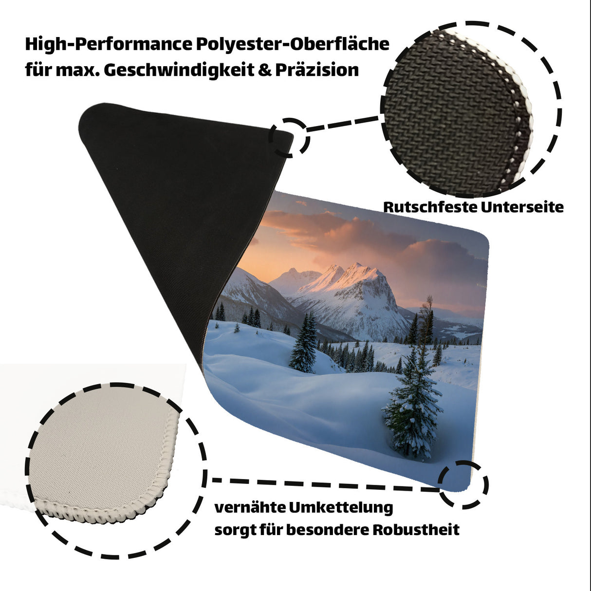 Winterliche Berglandschaft Schreibtischunterlage 69x31cm XXL Mauspad mit Sonnenuntergang