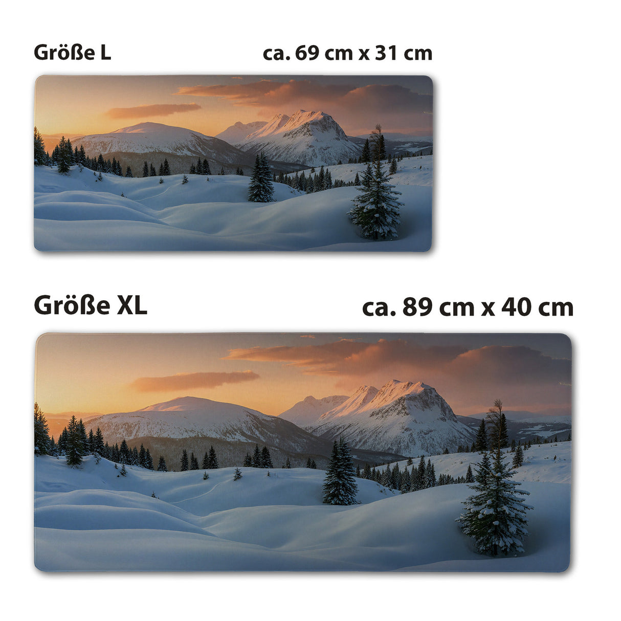 Winterliche Berglandschaft Schreibtischunterlage 69x31cm XXL Mauspad mit Sonnenuntergang