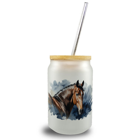 Pferdekopf Aquarell Trinkglas mit Bambusdeckel für Pferdefans