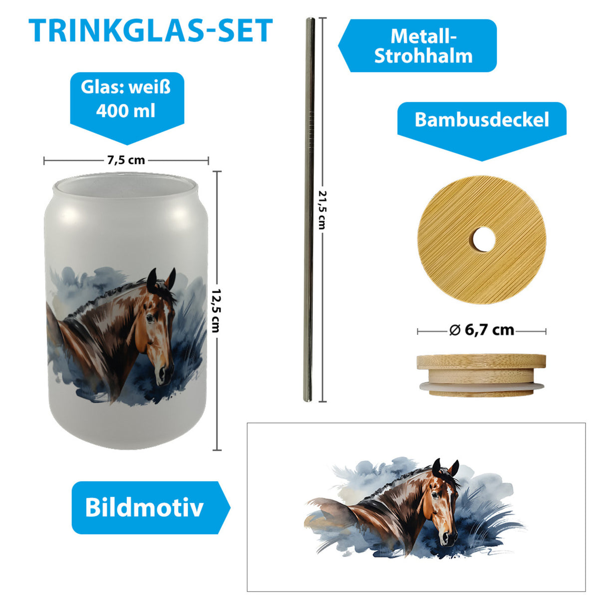 Pferdekopf Aquarell Trinkglas mit Bambusdeckel für Pferdefans