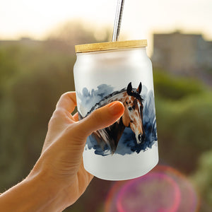 Pferdekopf Aquarell Trinkglas mit Bambusdeckel für Pferdefans