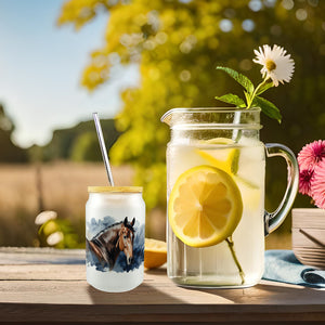 Pferdekopf Aquarell Trinkglas mit Bambusdeckel für Pferdefans