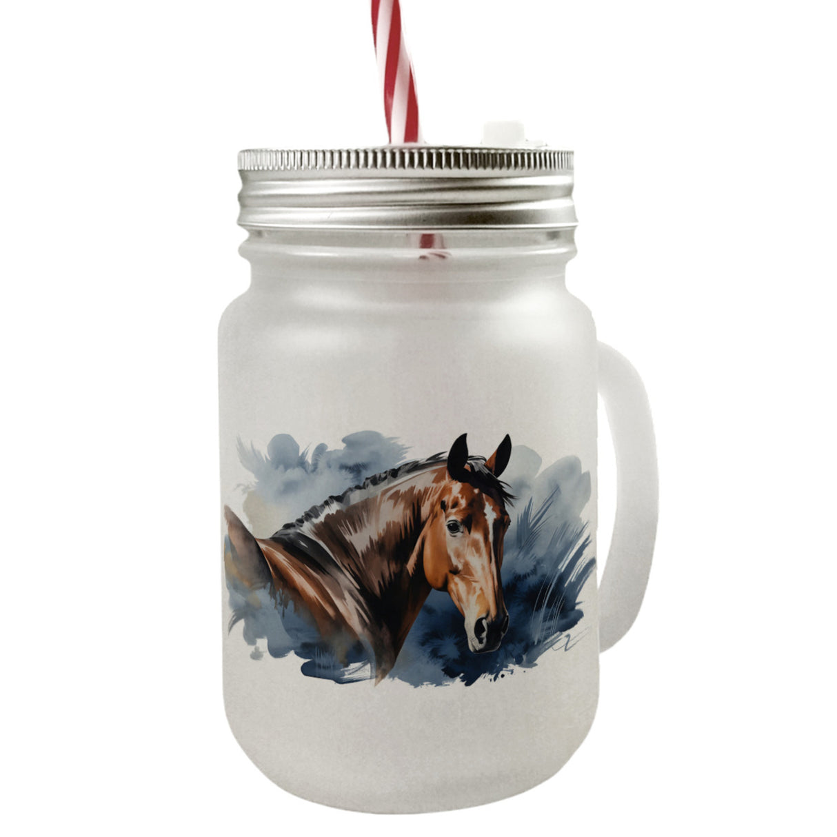 Pferdekopf Aquarell Trinkglas mit Bambusdeckel für Pferdefans