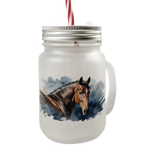 Pferdekopf Aquarell Trinkglas mit Bambusdeckel für Pferdefans