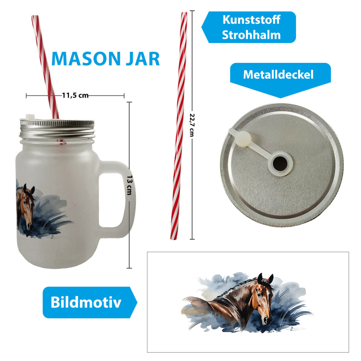 Pferdekopf Aquarell Trinkglas mit Bambusdeckel für Pferdefans