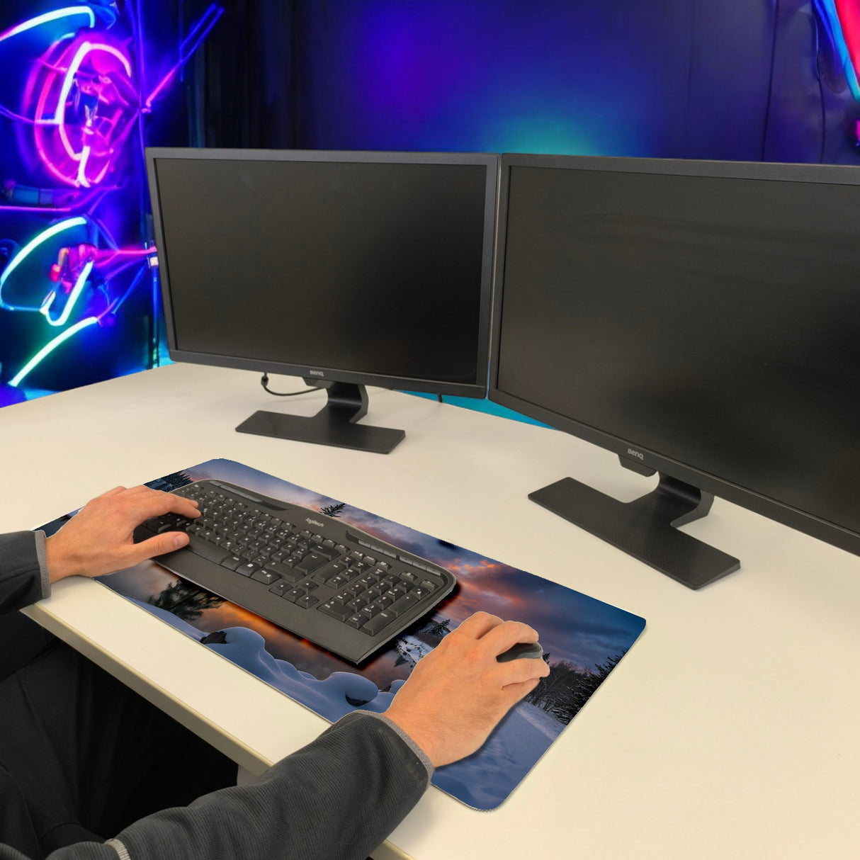 Winterlandschaft Sonnenuntergang am Fluss Schreibtischunterlage 69x31cm XXL Mauspad